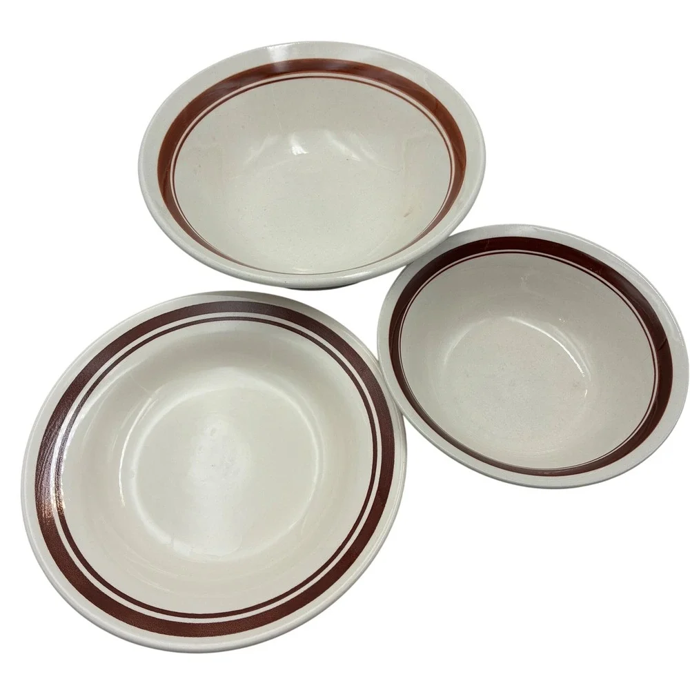Vintage Restaurant Ware Bowls Set 3 Cream Brown Stripe Rimmed Soup Serving